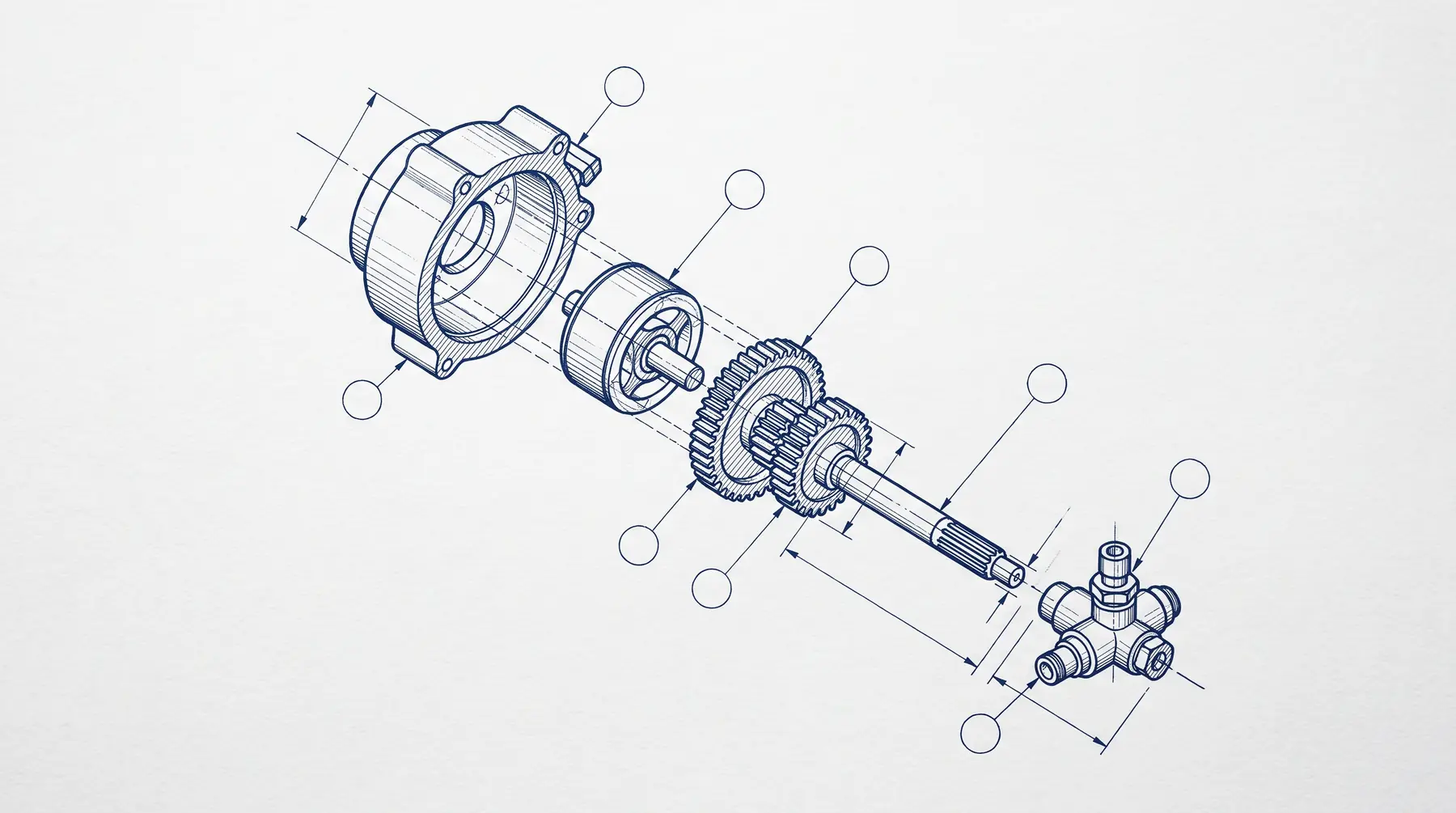 A technical drawing in navy ink on white drafting paper: an engine shown as an exploded assembly, its housing, rotor, gears, shaft and valve separated along one line, with empty callout circles.