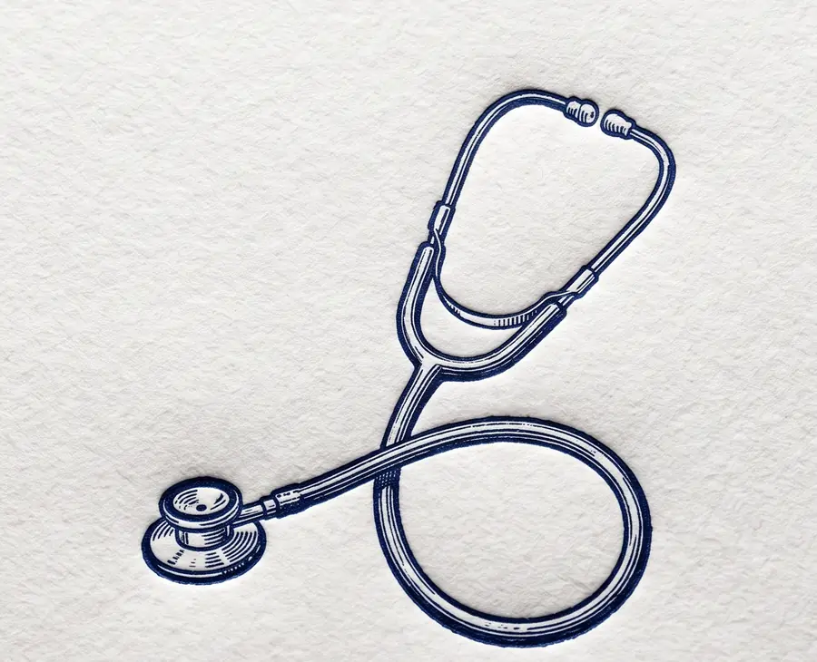 A letterpress print of a stethoscope in navy ink on white cotton paper.