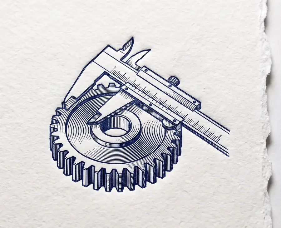 A letterpress print of a machined gear with a precision caliper resting across it, in navy ink on white cotton paper.