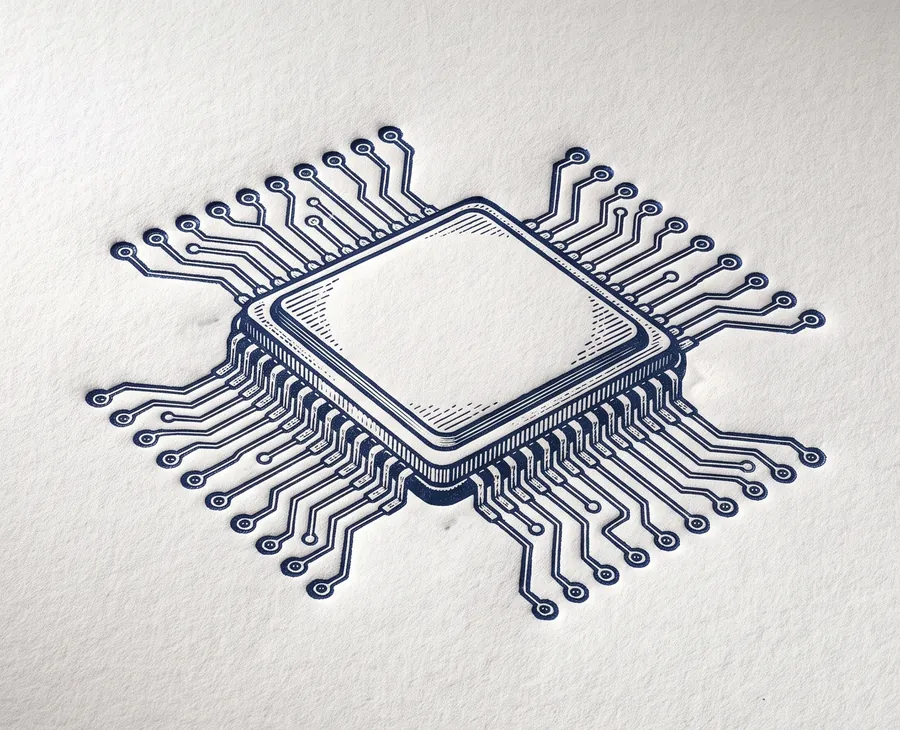 A letterpress print of a microchip and its circuit traces, in navy ink on white cotton paper.