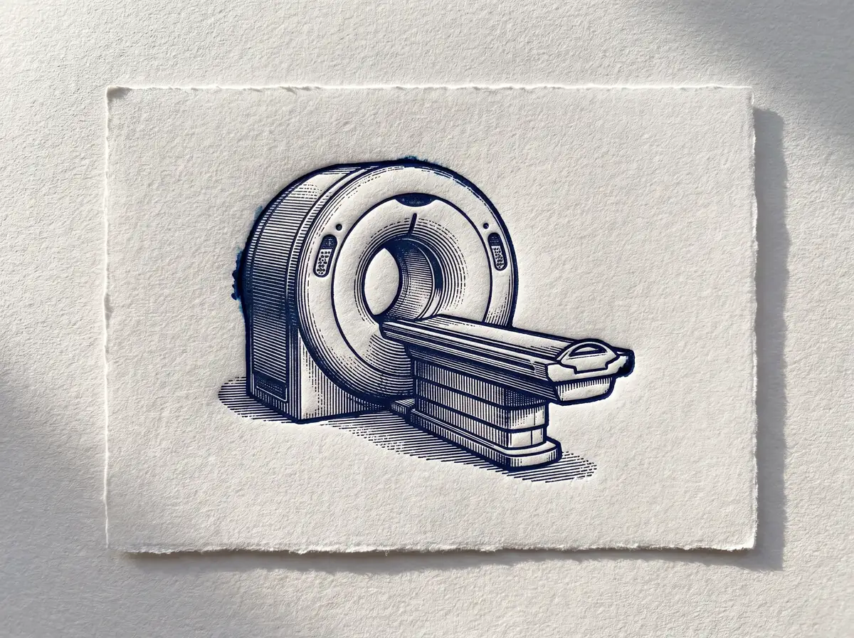 A letterpress print of a medical imaging scanner, its ring and patient table pressed in navy ink into a deckle-edged cotton card.