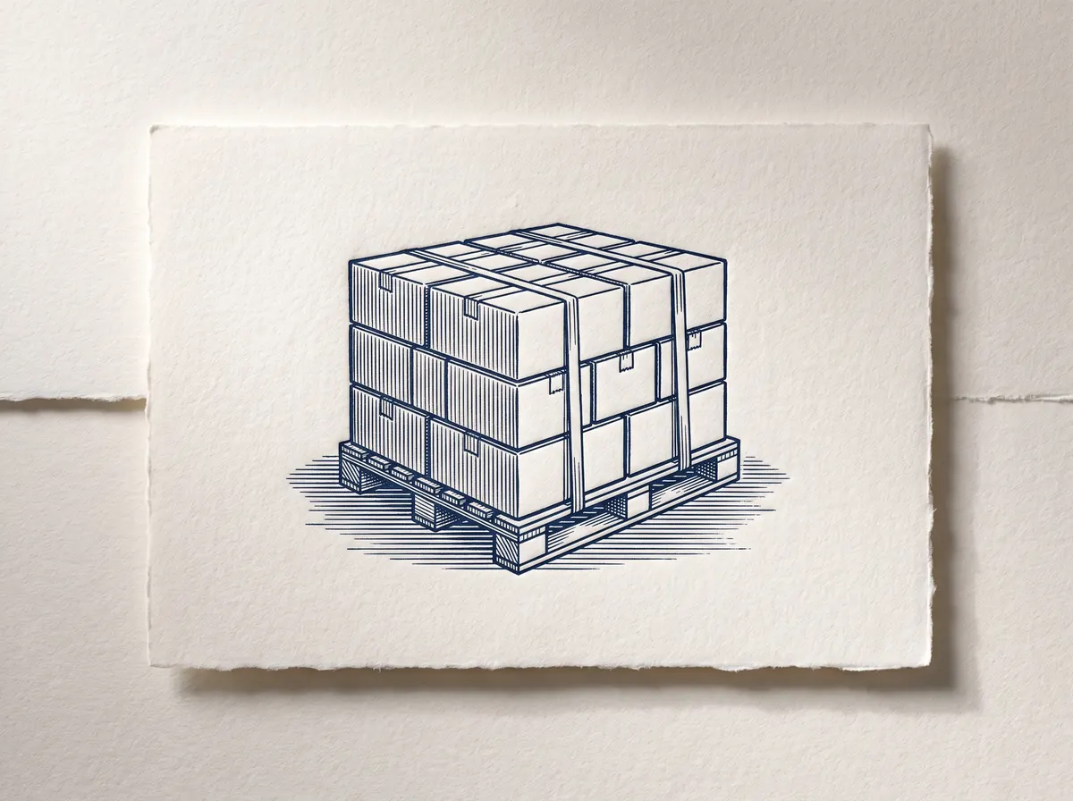 A letterpress print of a wooden shipping pallet stacked with strapped cartons, pressed in navy ink into a deckle-edged cotton card.