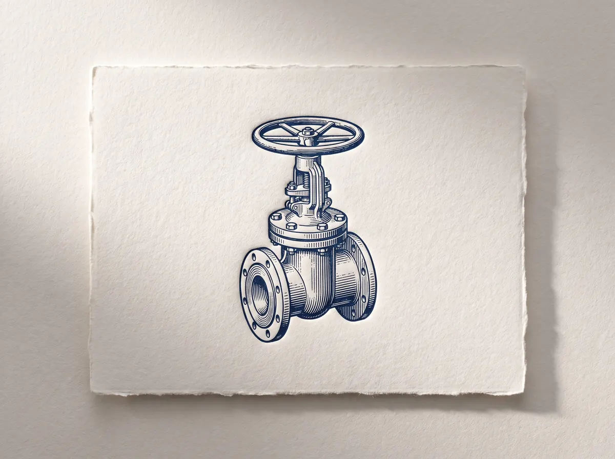 A letterpress print of an industrial gate valve, its handwheel and flanged body pressed in navy ink into a deckle-edged cotton card.