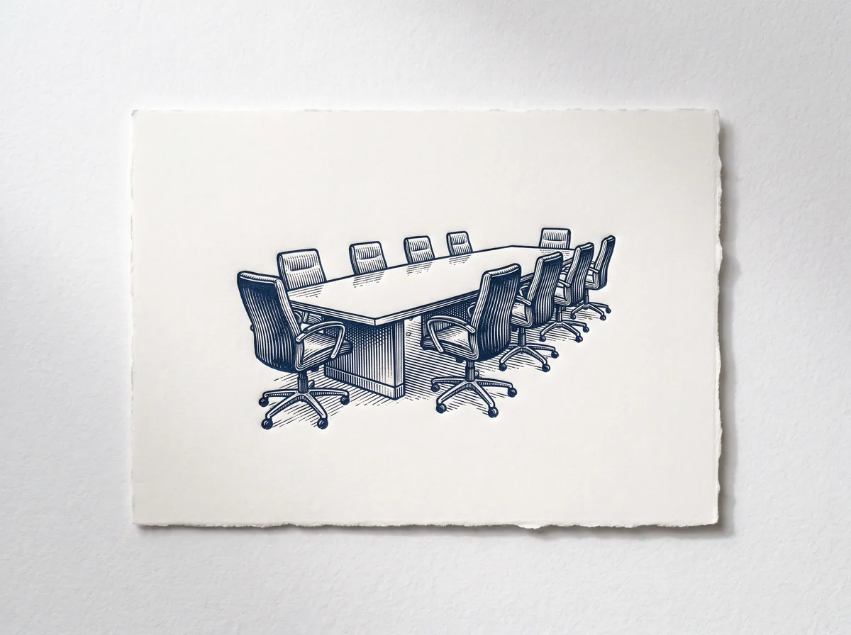 A letterpress print of a boardroom table with a row of empty office chairs, pressed in navy ink into a deckle-edged cotton card.