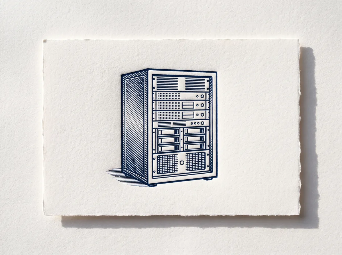 A letterpress print of a server rack, its stacked units and drive bays pressed in navy ink into a deckle-edged cotton card.