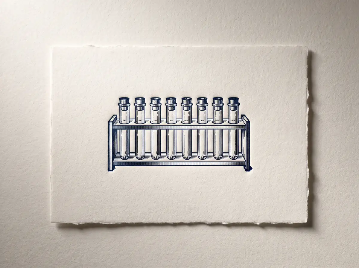 A letterpress print of a laboratory rack holding a row of capped sample vials, pressed in navy ink into a deckle-edged cotton card.