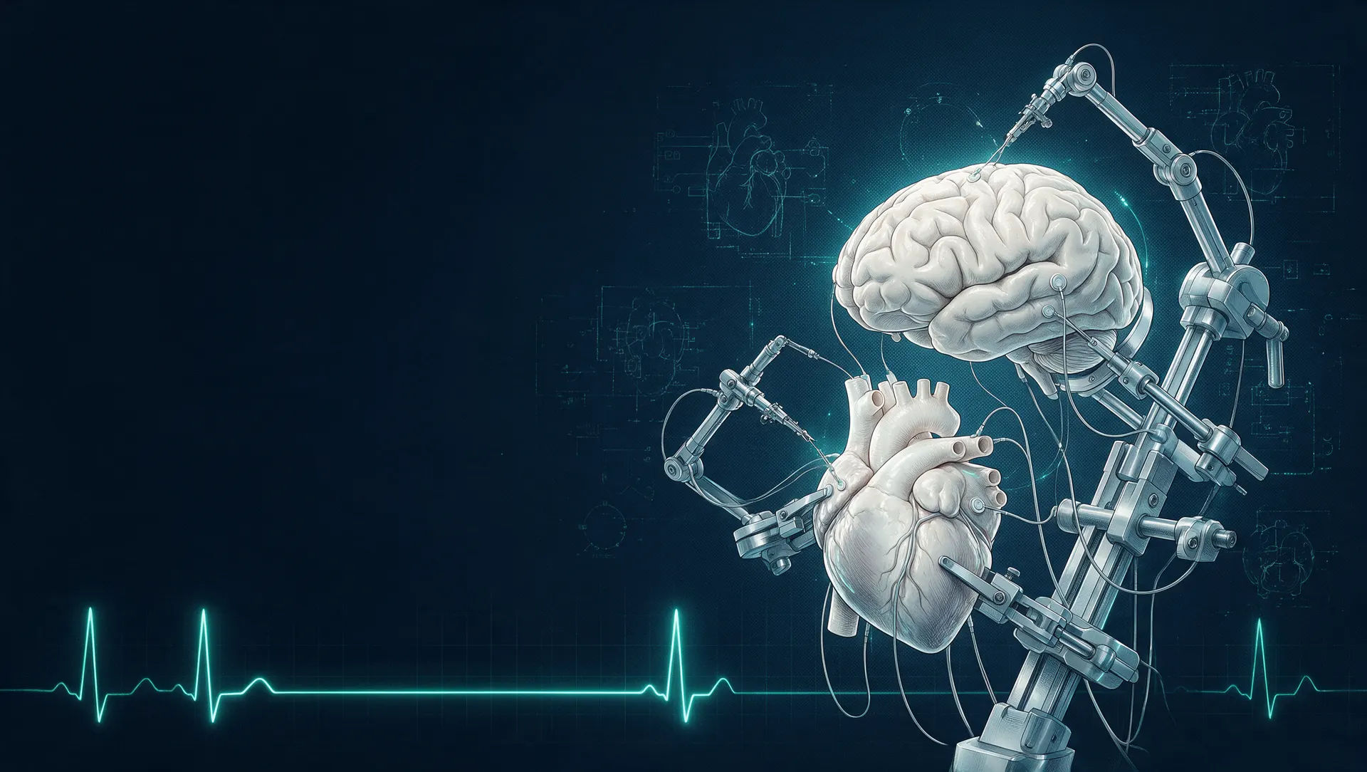 Clinical illustration: an inert brain and heart held in a robotic surgical rig, micro-arms attaching electrodes, a flatline trace breaking into its first beats.
