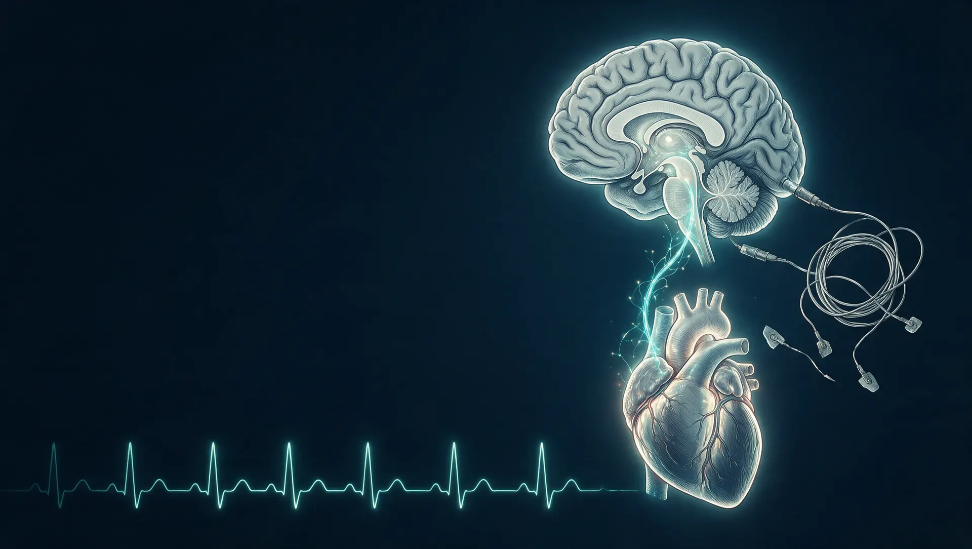 Clinical illustration: the brain and heart pair glowing on their own, cables unplugged and coiled aside, a calm steady heartbeat trace.